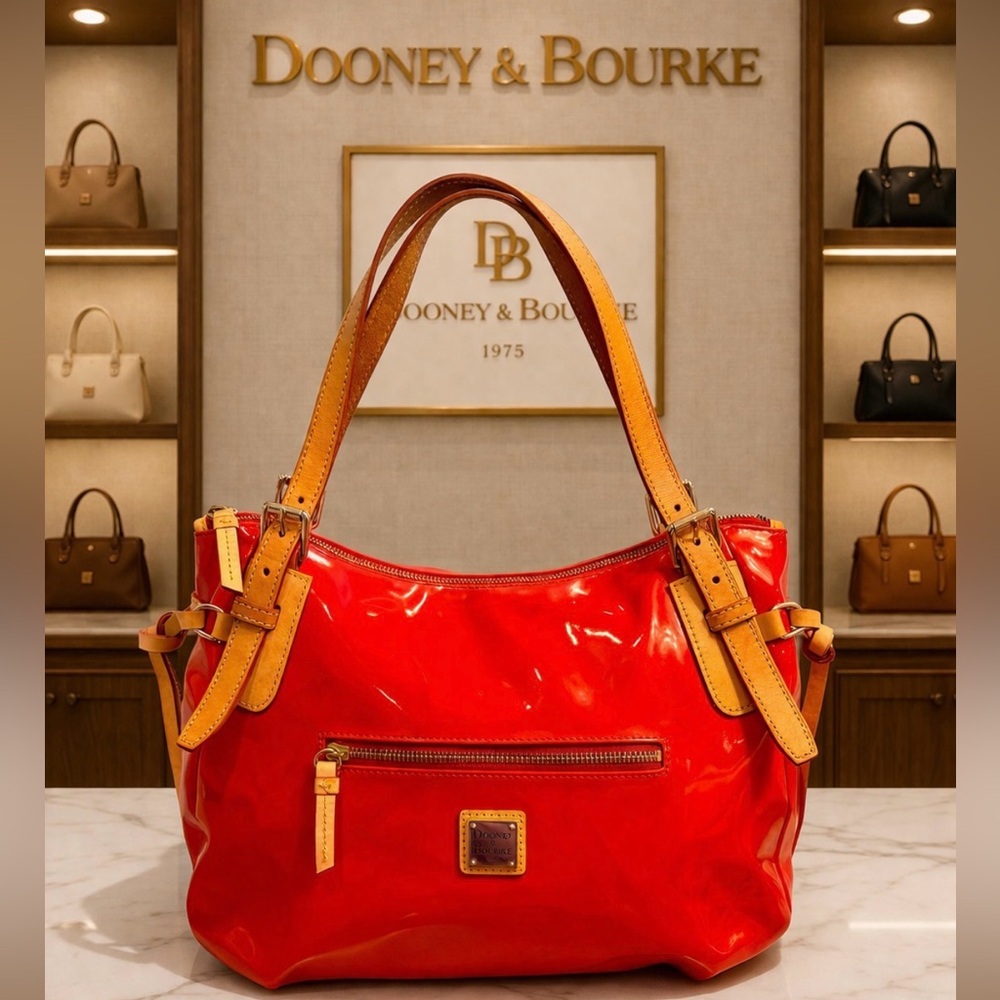 Dooney & Bourke Red Patent Leather Shoulder Hobo Tan Straps. Glossy Luxe Classic